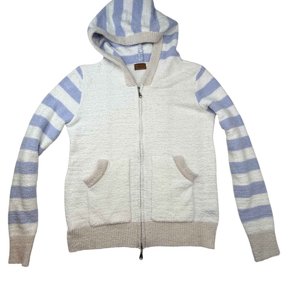POLM Cozy Striped Hoodie Zip Up Loungewear‎ White Blue Tan Size Medium
